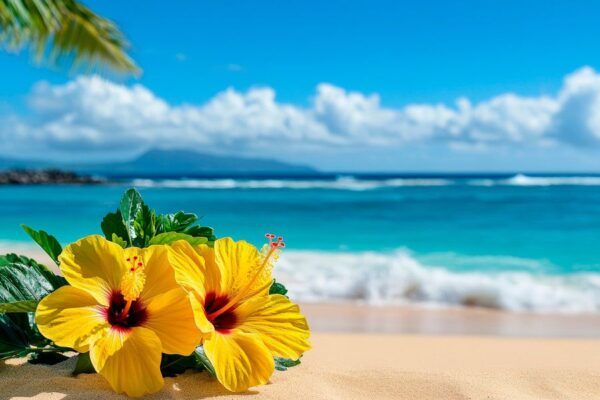 Gelbe Hibiskusblüten am Strand