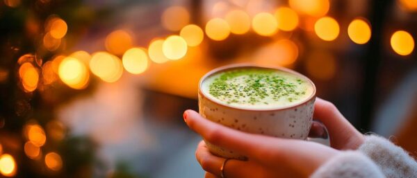 Gemütliche Tasse mit Matcha und Lichtern