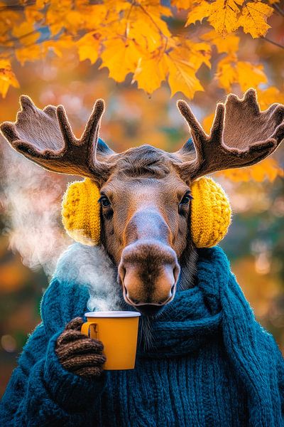 Gemütlicher Elch mit heißem Getränk – Herbstzauber