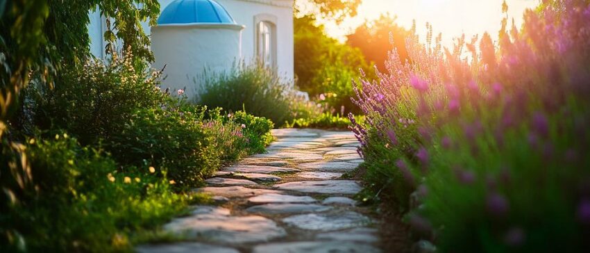 Gemütlicher Gartenweg bei Sonnenuntergang