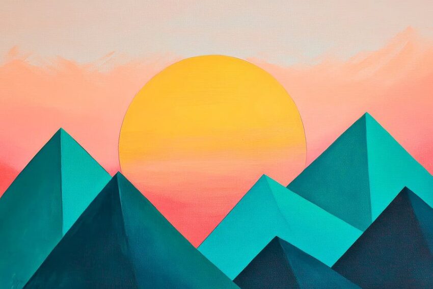 Geometrische Berge und Sonnenuntergang – Minimalistisch