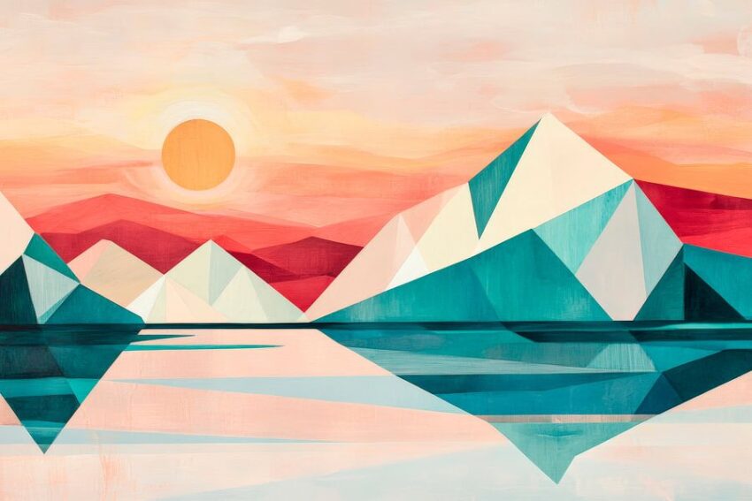 Geometrische Berglandschaft mit Sonnenuntergang