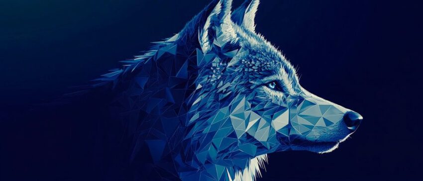 Geometrisches Wolfsporträt in Blau