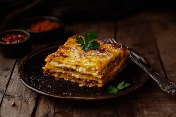 Geschichtete Lasagne auf rustikalem Teller