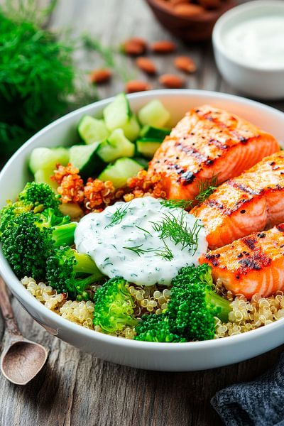 Gesunde Bowl mit Lachs und Gemüse