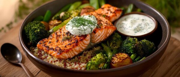 Gesunde Mahlzeit: Lachs mit Gemüse-Bowl