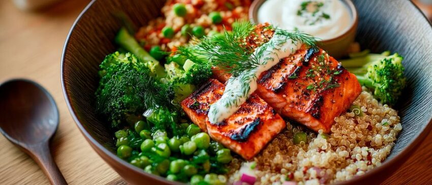 Gesunde Schüssel mit Lachs und Gemüse