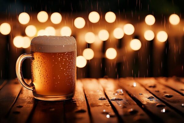 Glas Bier im Regen mit Lichtern