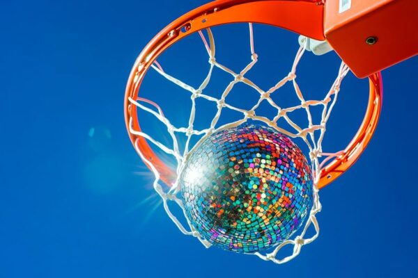 Glitzernder Ball im Basketballkorb