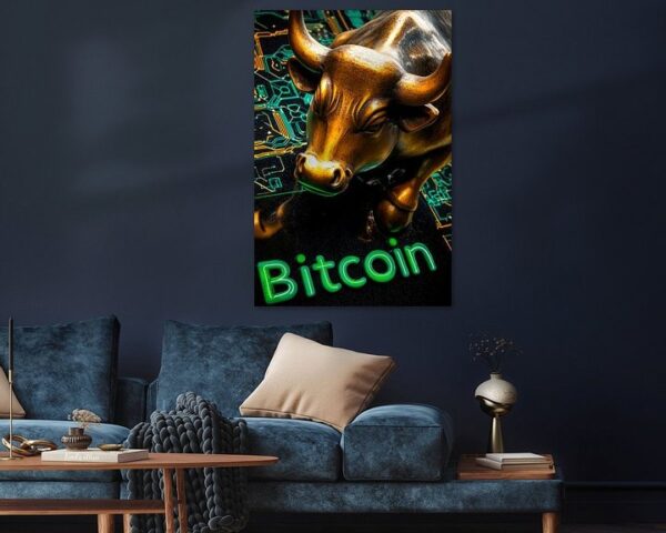 Goldener Bulle und Bitcoin Symbol