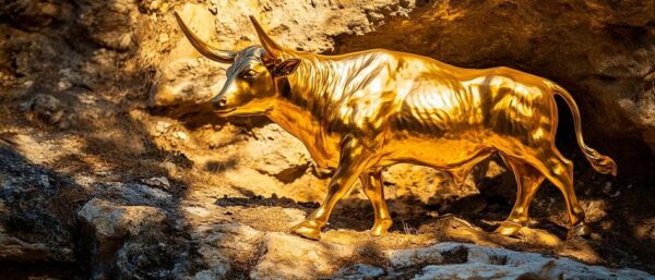 Goldener Stier auf Felsen – Glänzend