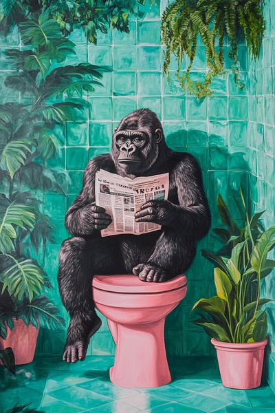 Gorilla liest Zeitung im Badezimmer