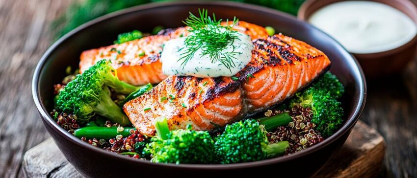 Grilllachs mit Gemüse und Quinoa-Bowl