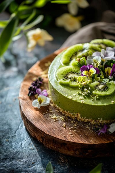 Grüne Kiwi-Torte mit essbaren Blumen