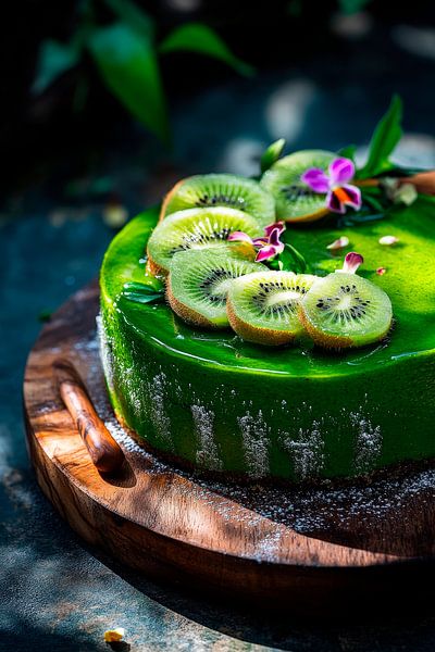 Grüne Kiwi-Torte mit essbaren Blüten