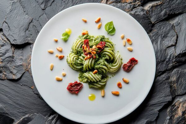 Grüner Pesto-Teller mit Pinienkernen