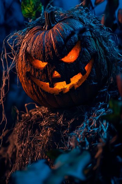 Gruselige Halloween-Kürbislaterne bei Nacht