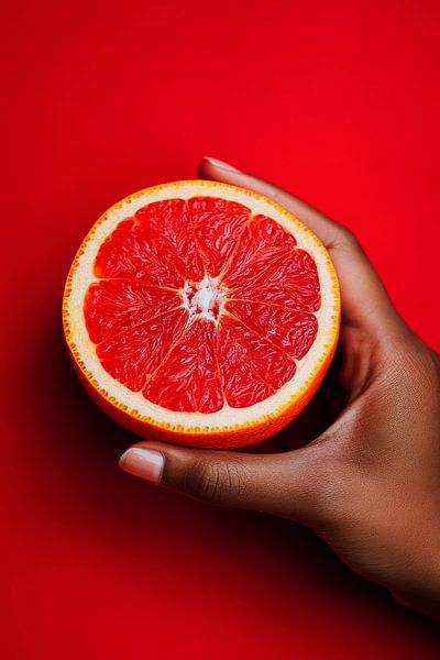 Hand hält frisch geschnittene Blutorange