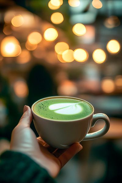 Hand hält Tasse mit Matcha-Latte