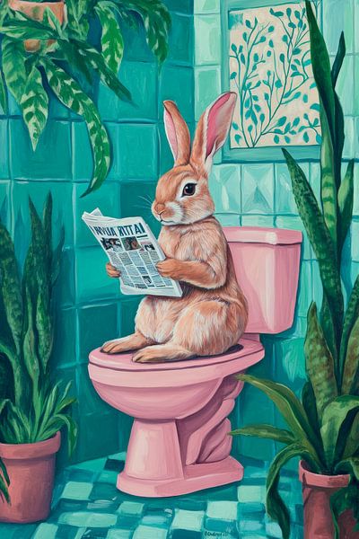 Hase mit Zeitung auf der Toilette