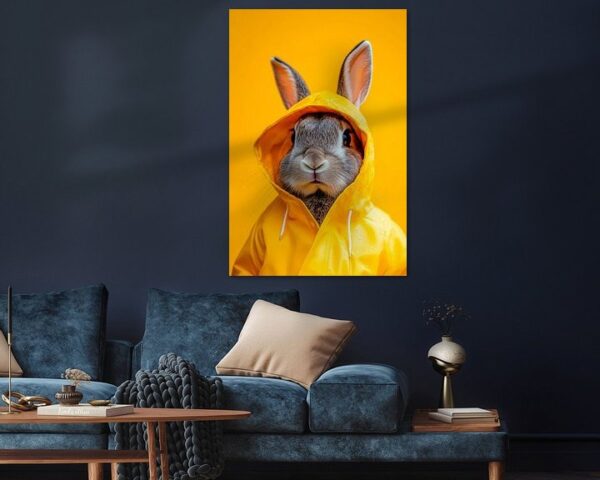 Hasenportrait im Regenmantel vor Gelb