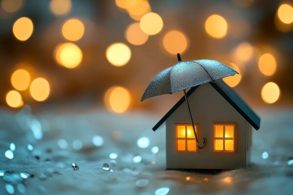 Haus mit Regenschirm und Lichtern – Gemütlich