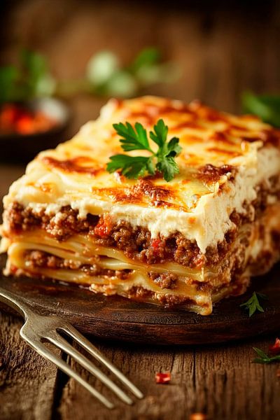 Hausgemachte Lasagne auf Holzplatte