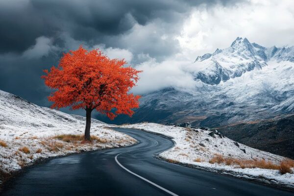 Herbstbaum am schneebedeckten Weg