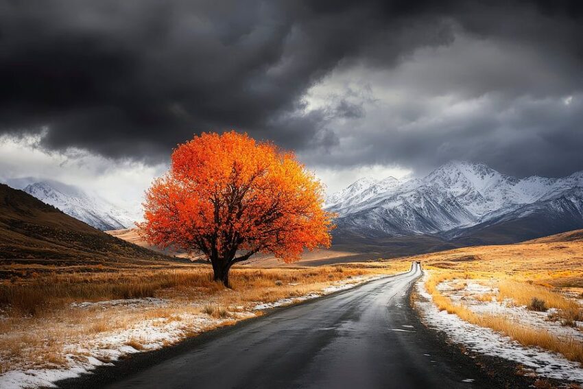 Herbstbaum an einer Landstraße