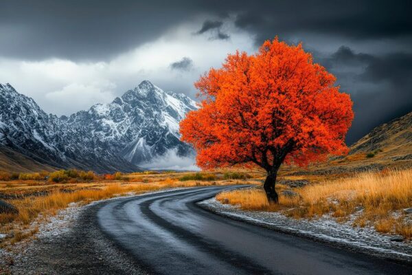 Herbstbaum an gebirgiger Straße