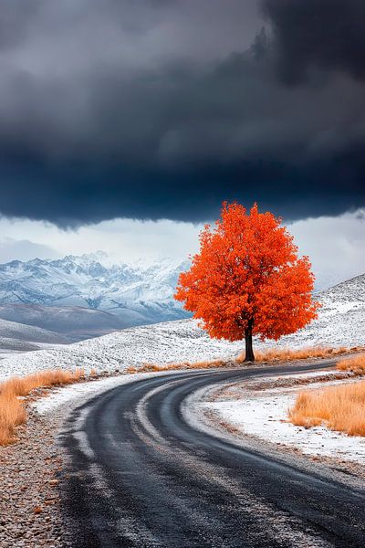 Herbstbaum an kurvenreicher Straße