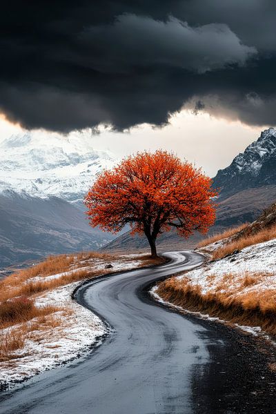 Herbstbaum an kurviger Straße