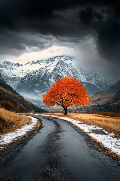 Herbstbaum vor Bergen – Dramatisch