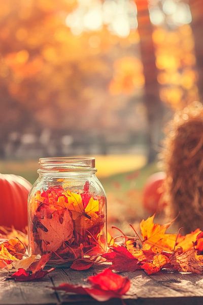 Herbstfarben im Glasgefäß dekoriert