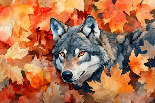 Herbstglanz – Wolf im Blättermeer