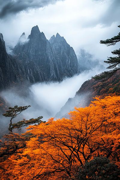 Herbstlandschaft mit Bergen und Nebel