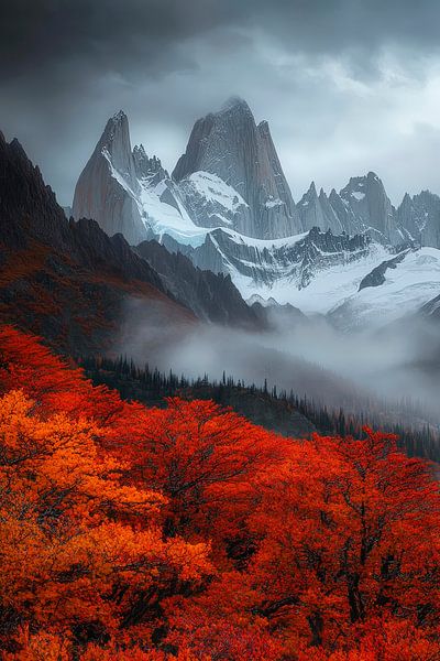 Herbstlandschaft mit Bergen und Nebel