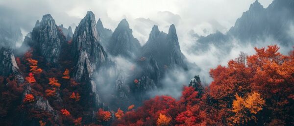 Herbstlandschaft mit Bergen und Nebel