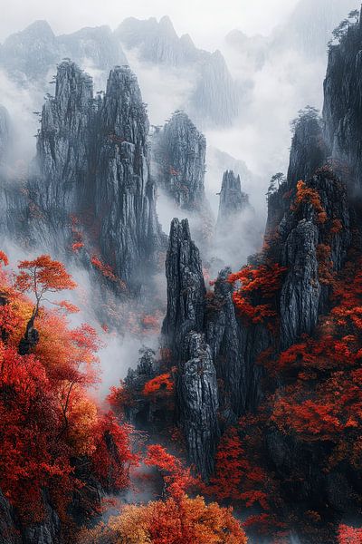 Herbstlandschaft mit Felsen und Nebel