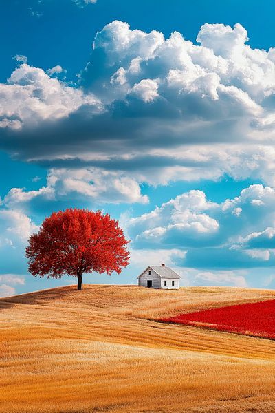 Herbstlandschaft mit rotem Baum