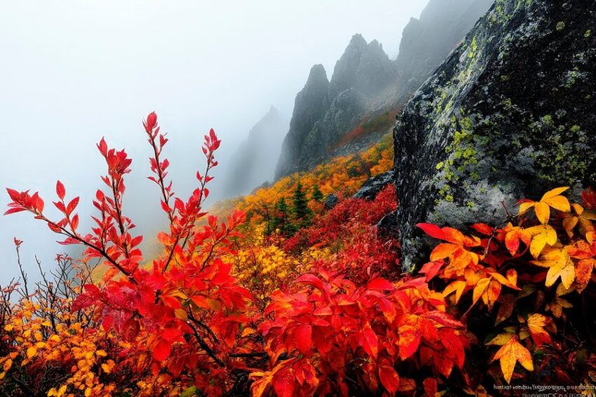 Herbstliche Berge im Nebel