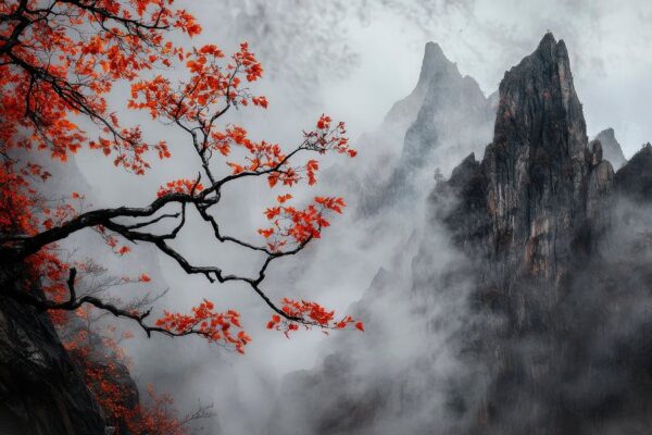 Herbstliche Berglandschaft im Nebel