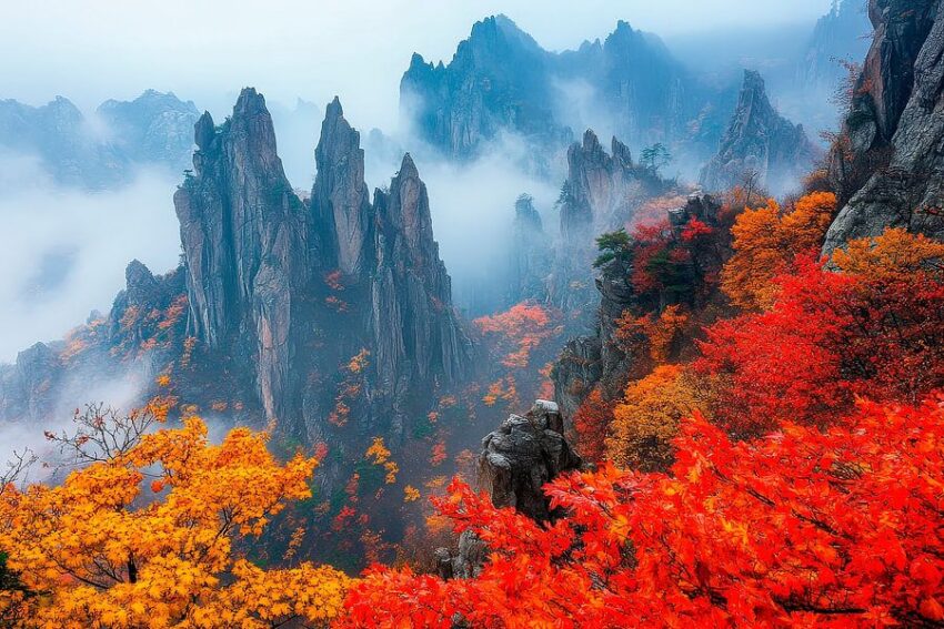 Herbstliche Berglandschaft im Nebel