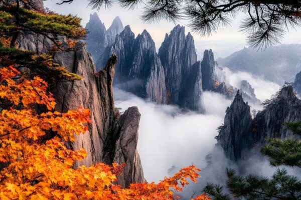 Herbstliche Berglandschaft im Nebel