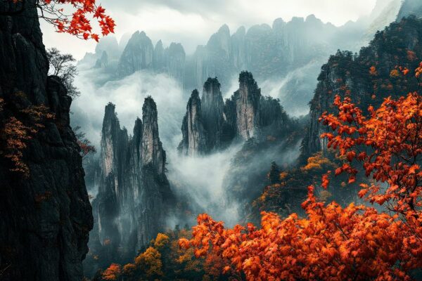 Herbstliche Berglandschaft im Nebel