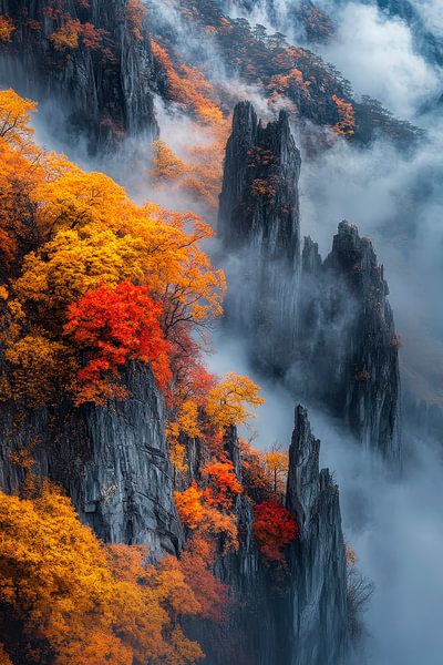 Herbstliche Berglandschaft im Nebel