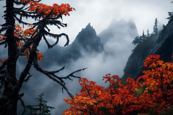 Herbstliche Berglandschaft im Nebel