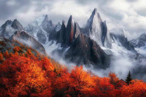 Herbstliche Berglandschaft mit Nebel