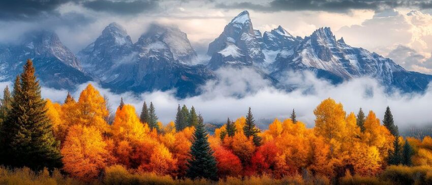 Herbstliche Berglandschaft mit Nebel