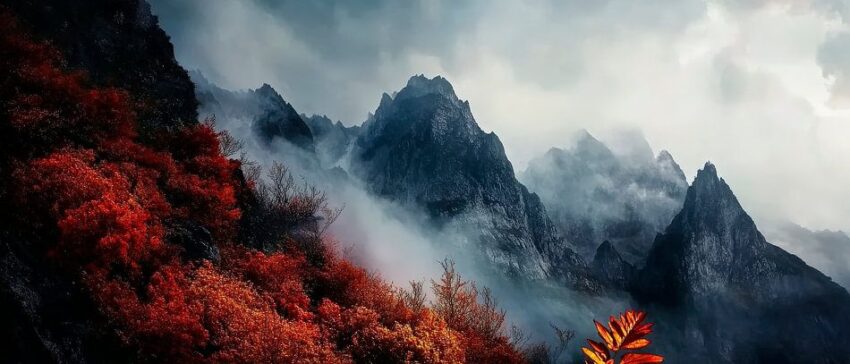 Herbstliche Berglandschaft mit Nebel